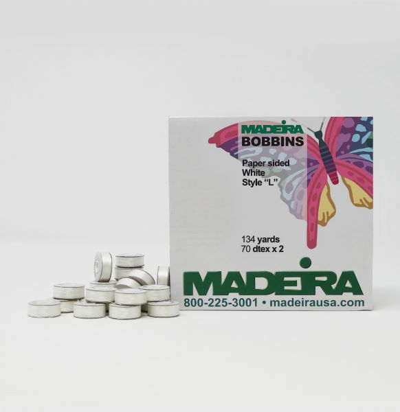 Madeira Sided Bobbin White L 134 YD Poly Filament 144 per box