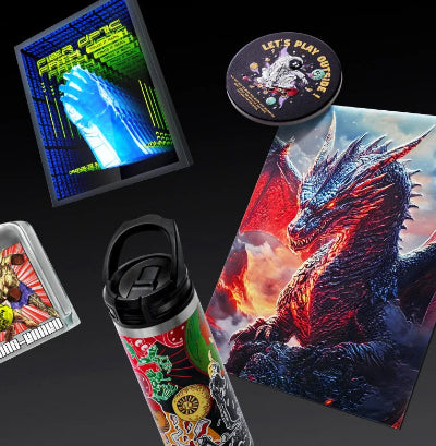 Collection of UV printed items, including a dragon illustration, a tumbler, and a coaster on a black background.