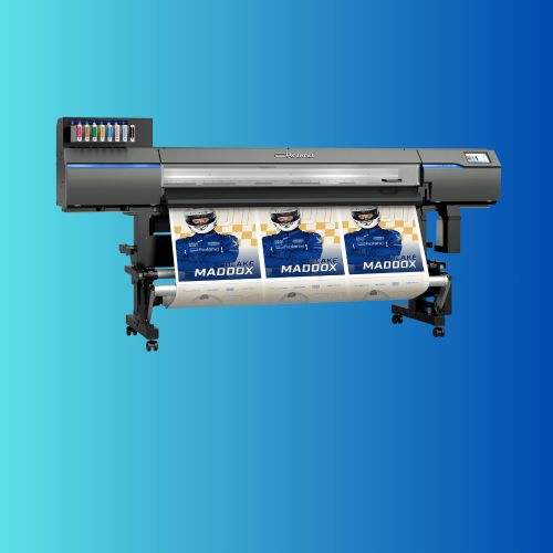 Large-format printer with printed banner on a blue gradient background
